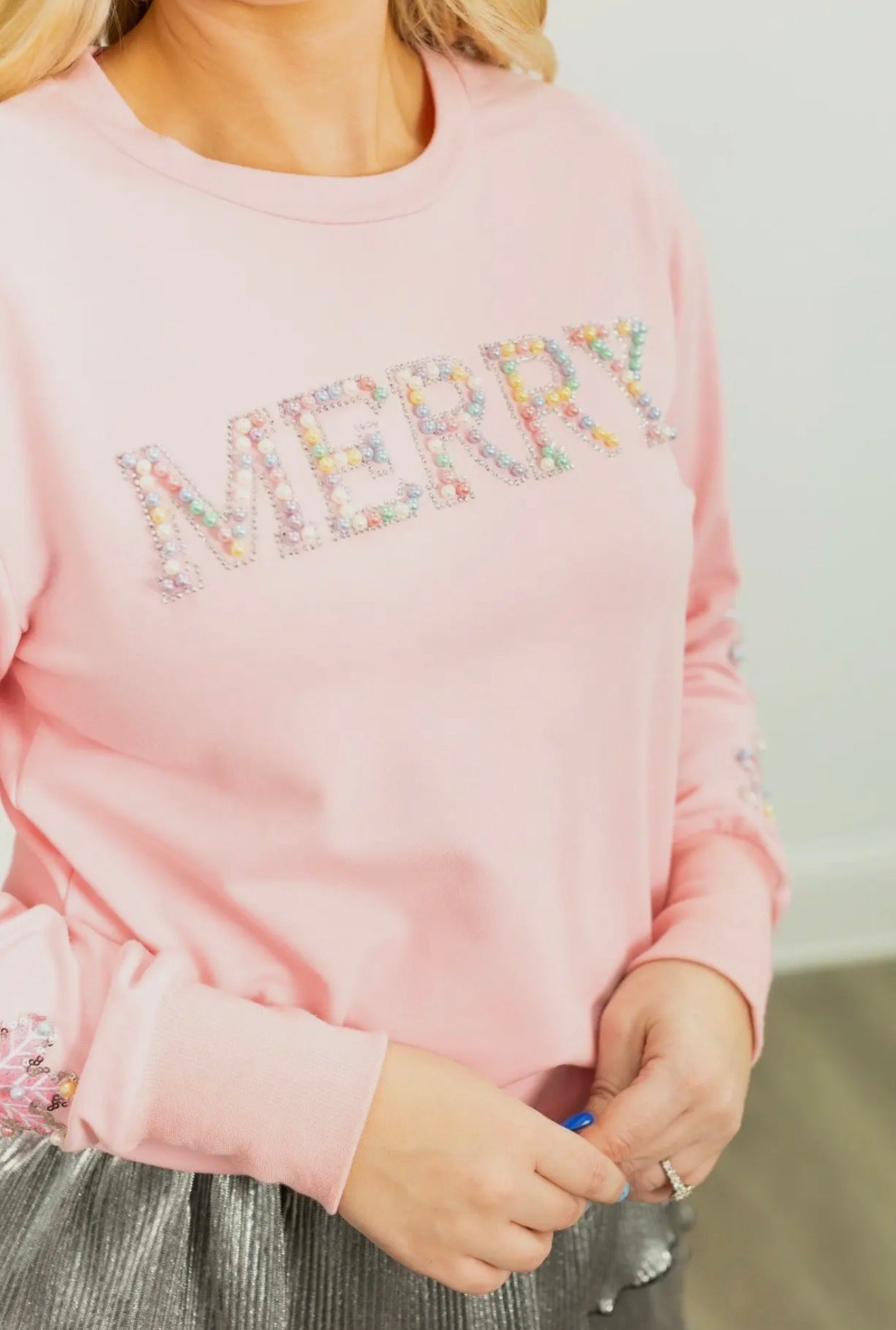 Pearl "Merry" on Pink Sweatshirt Top