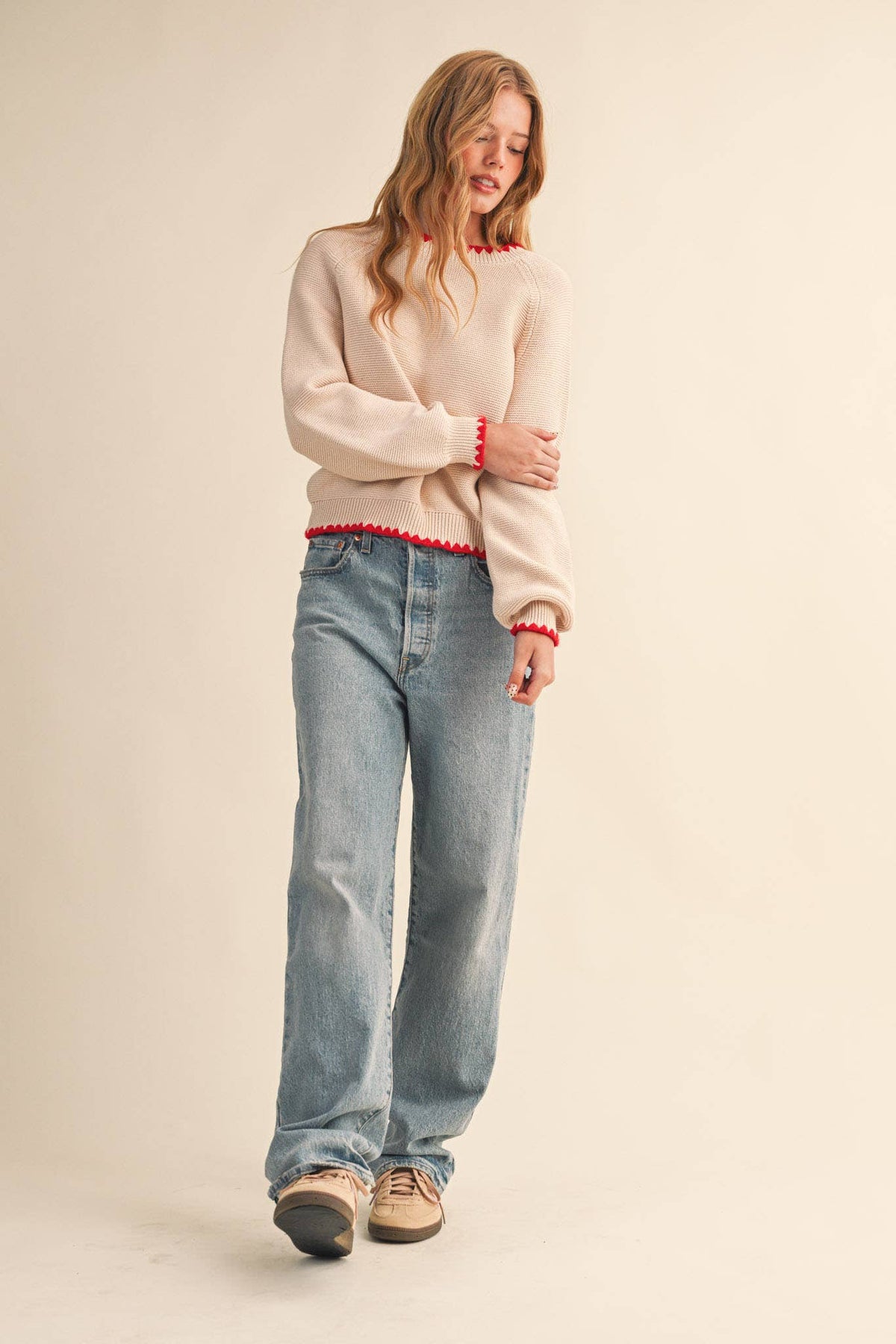 Sweetheart Contrast Stitch Puff Sleeve Almond Sweater