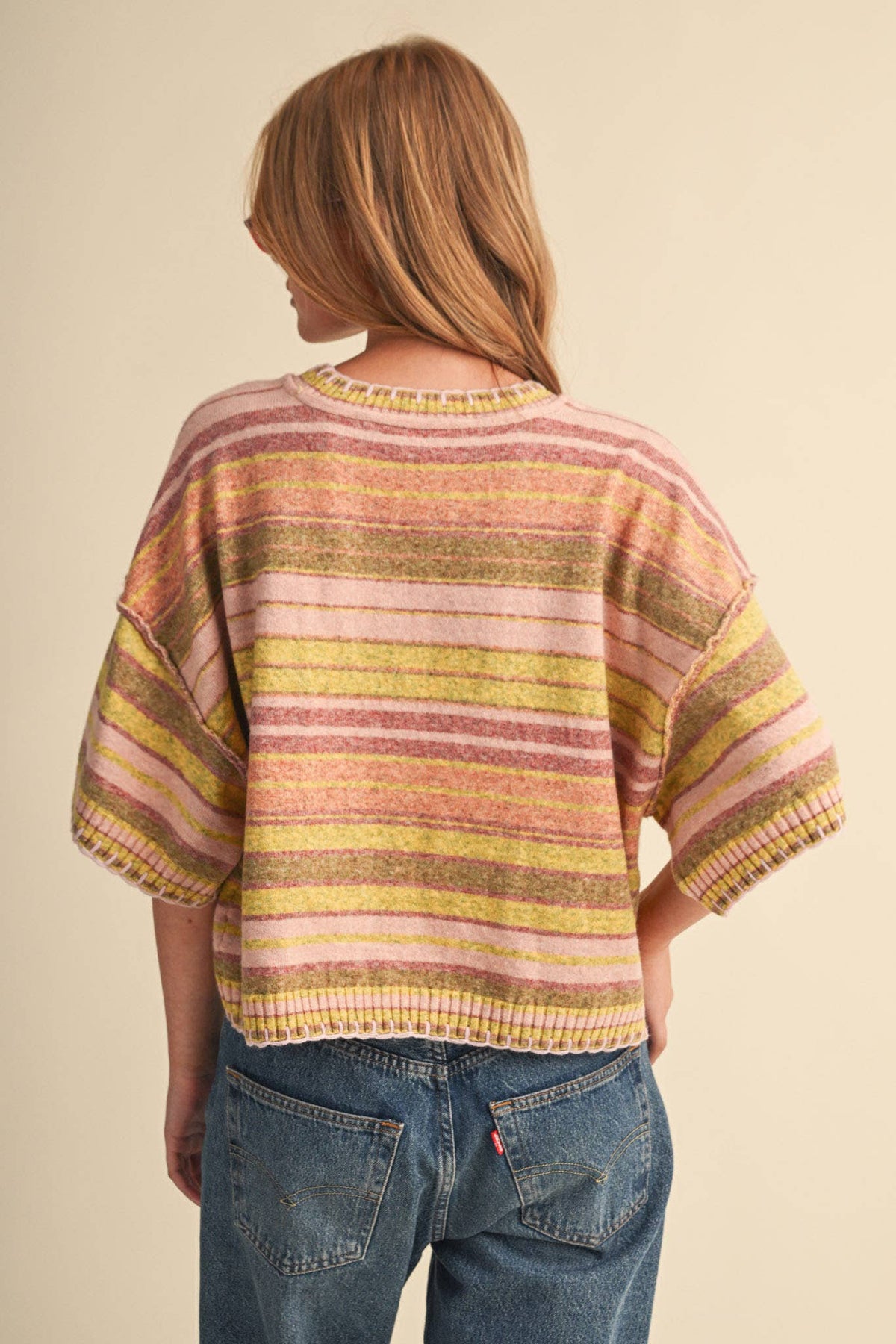 Multi-Color Striped Short Sleeve Sweater