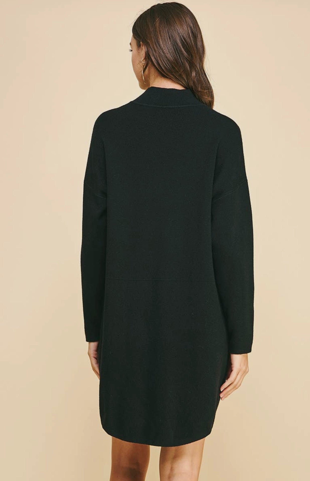 Black Mock Neck Front Pocket Sweater Dress