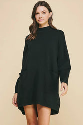 Black Mock Neck Front Pocket Sweater Dress