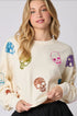 Cream Multi Color Skeleton Face Sequins Embroidery Cropped Sweatshirt