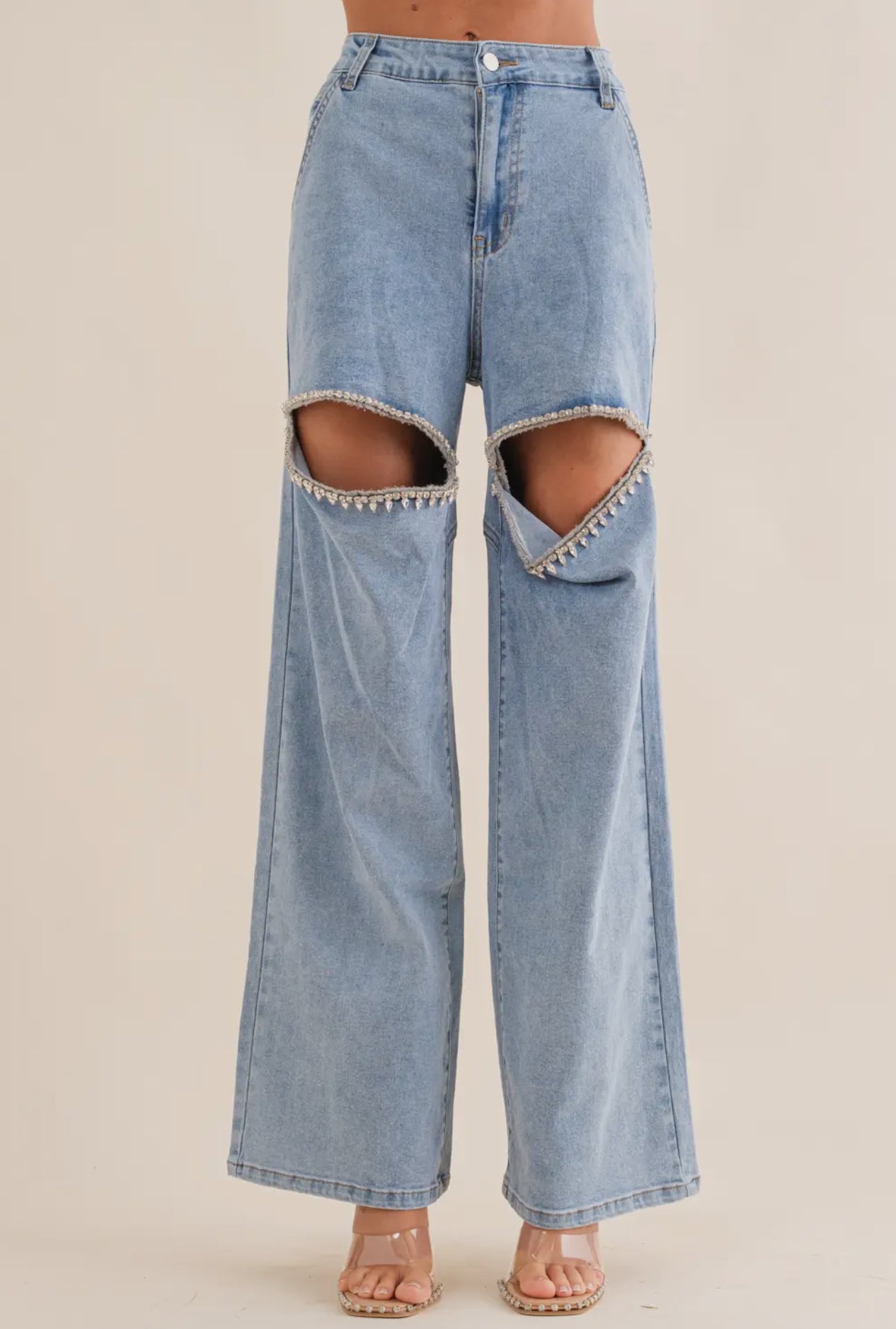 Cut Out Front Rhinestone Washed Denim Jeans
