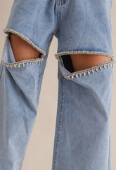 Cut Out Front Rhinestone Washed Denim Jeans