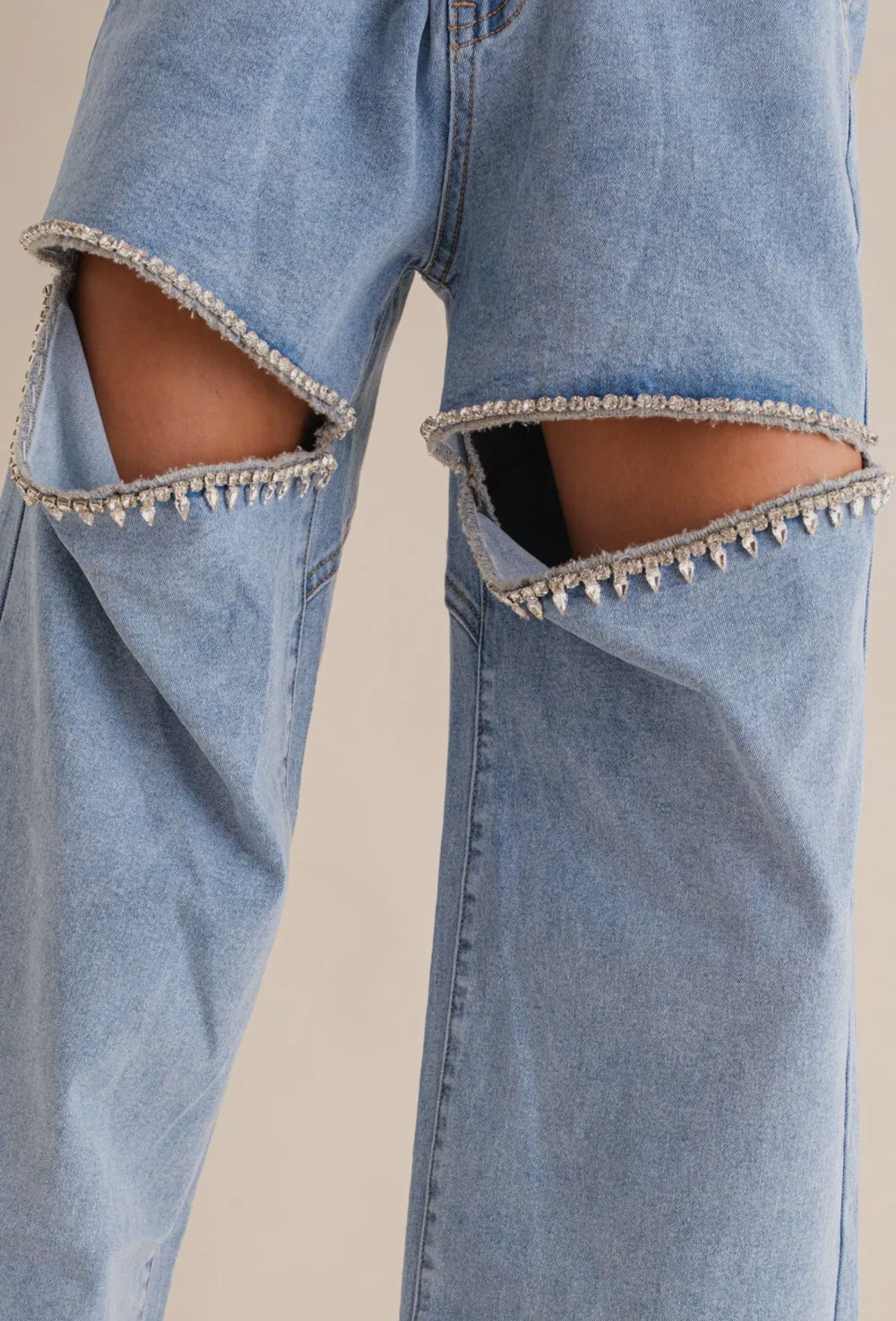 Cut Out Front Rhinestone Washed Denim Jeans