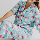 PINK SANTA HATS BLUE MATCHING LOUNGEWEAR SET