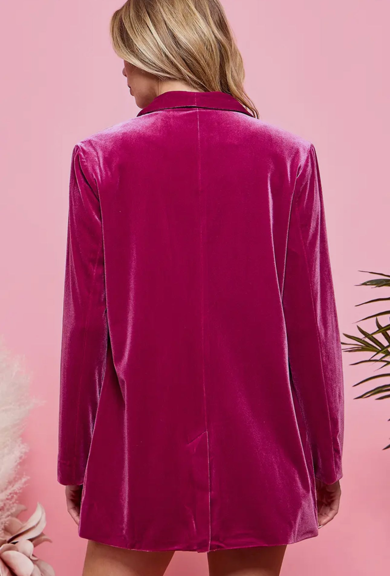 Pink Pocketed Velvet Blazer Jacket