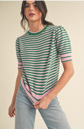 STRIPED POINTELLE PUFF SLEEVE SWEATER