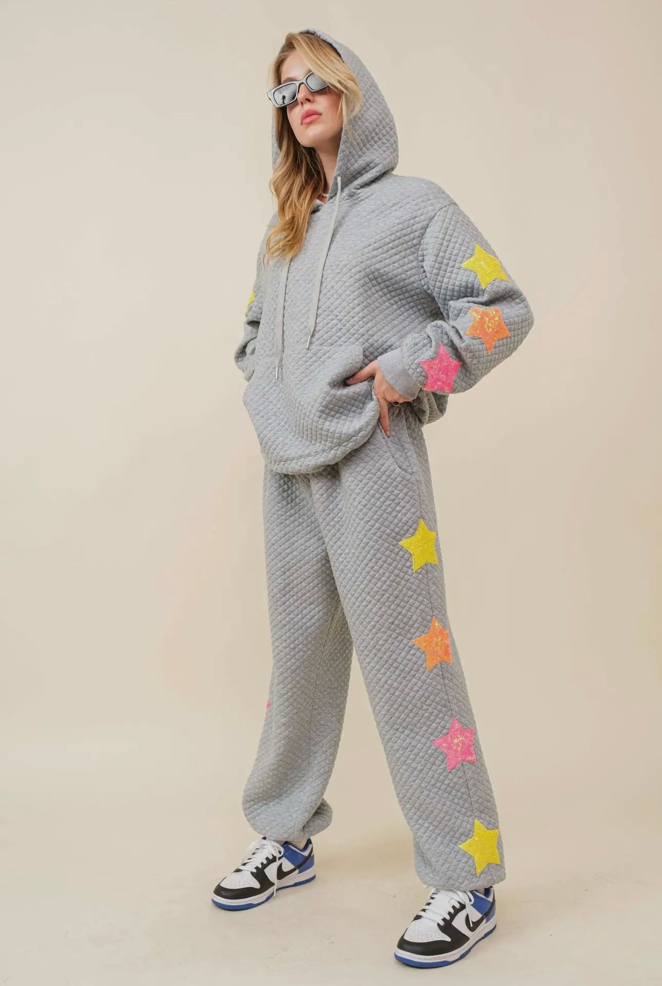 Star Patch Quilted Hoodie Sweatshirt