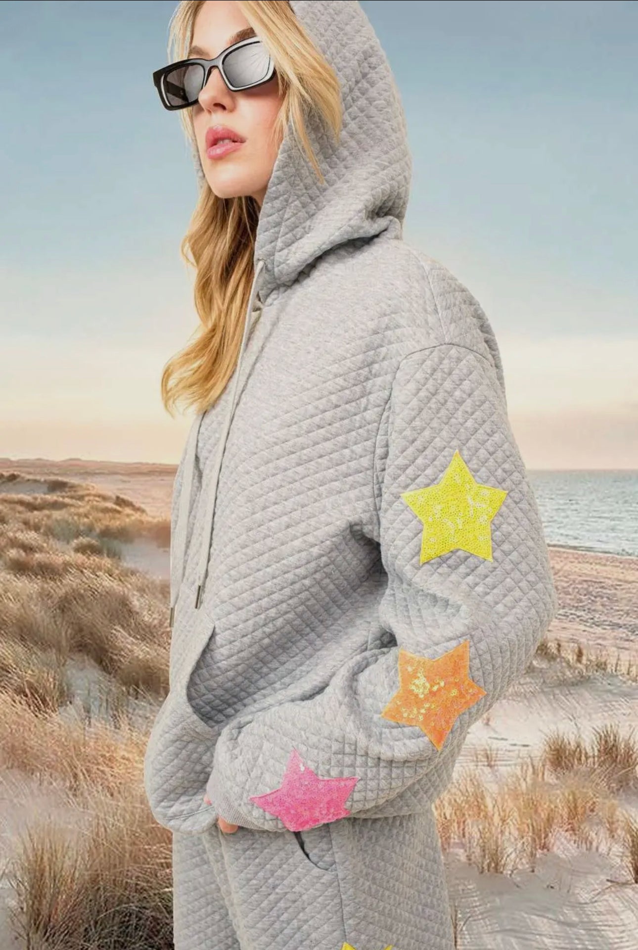 Star Patch Quilted Hoodie Sweatshirt