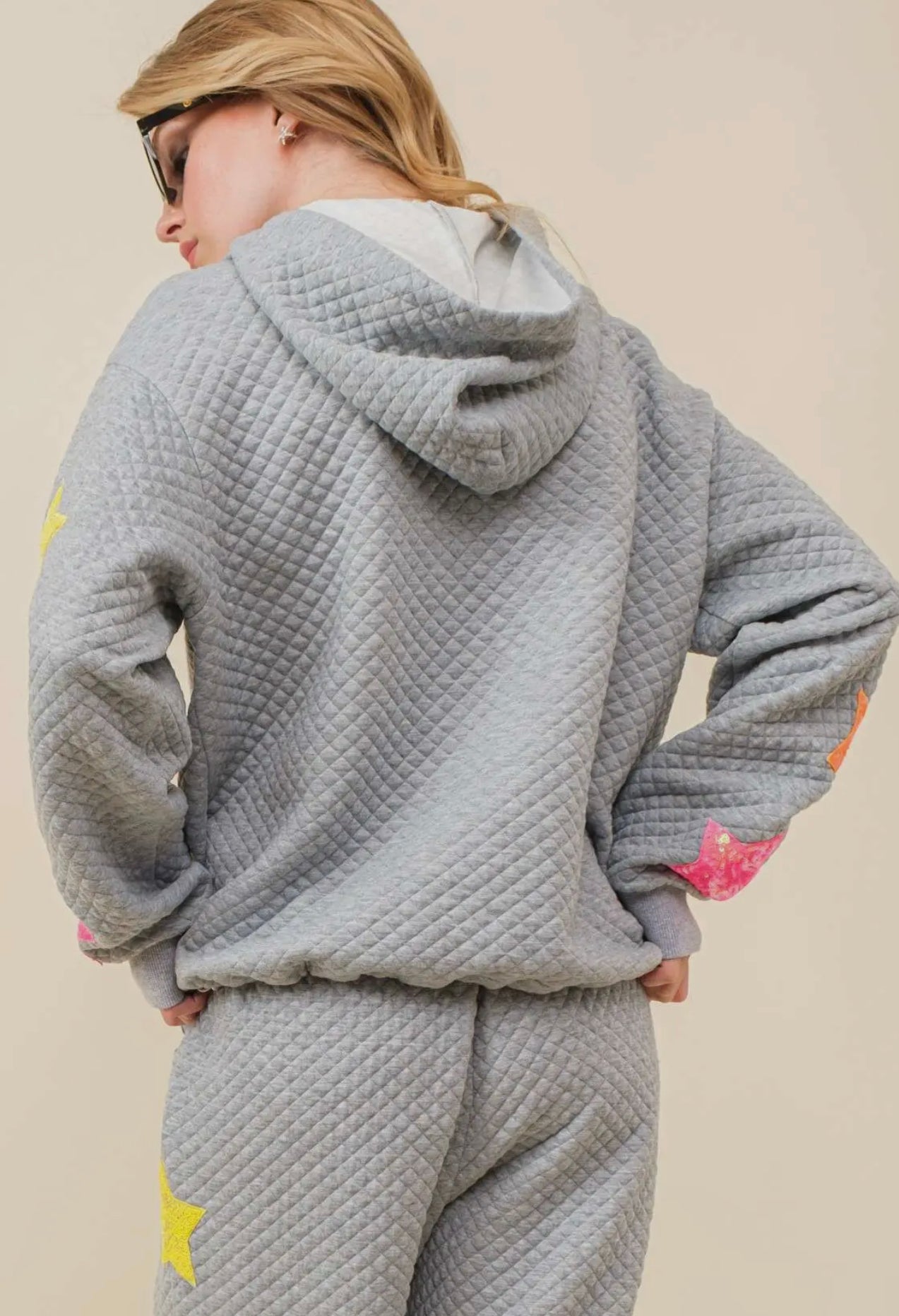 Star Patch Quilted Hoodie Sweatshirt