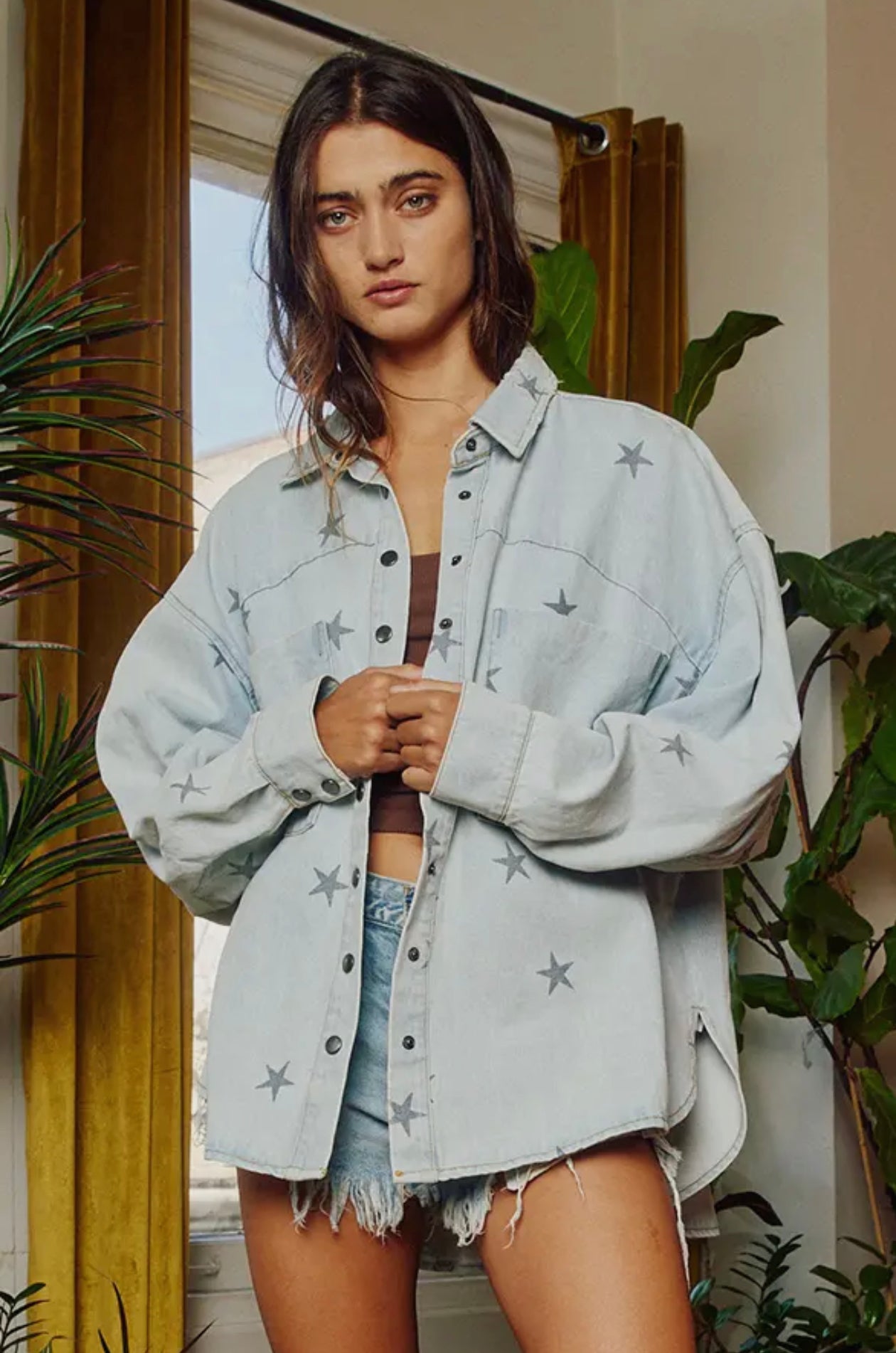 Star Print Washed Denim Shirt Jacket
