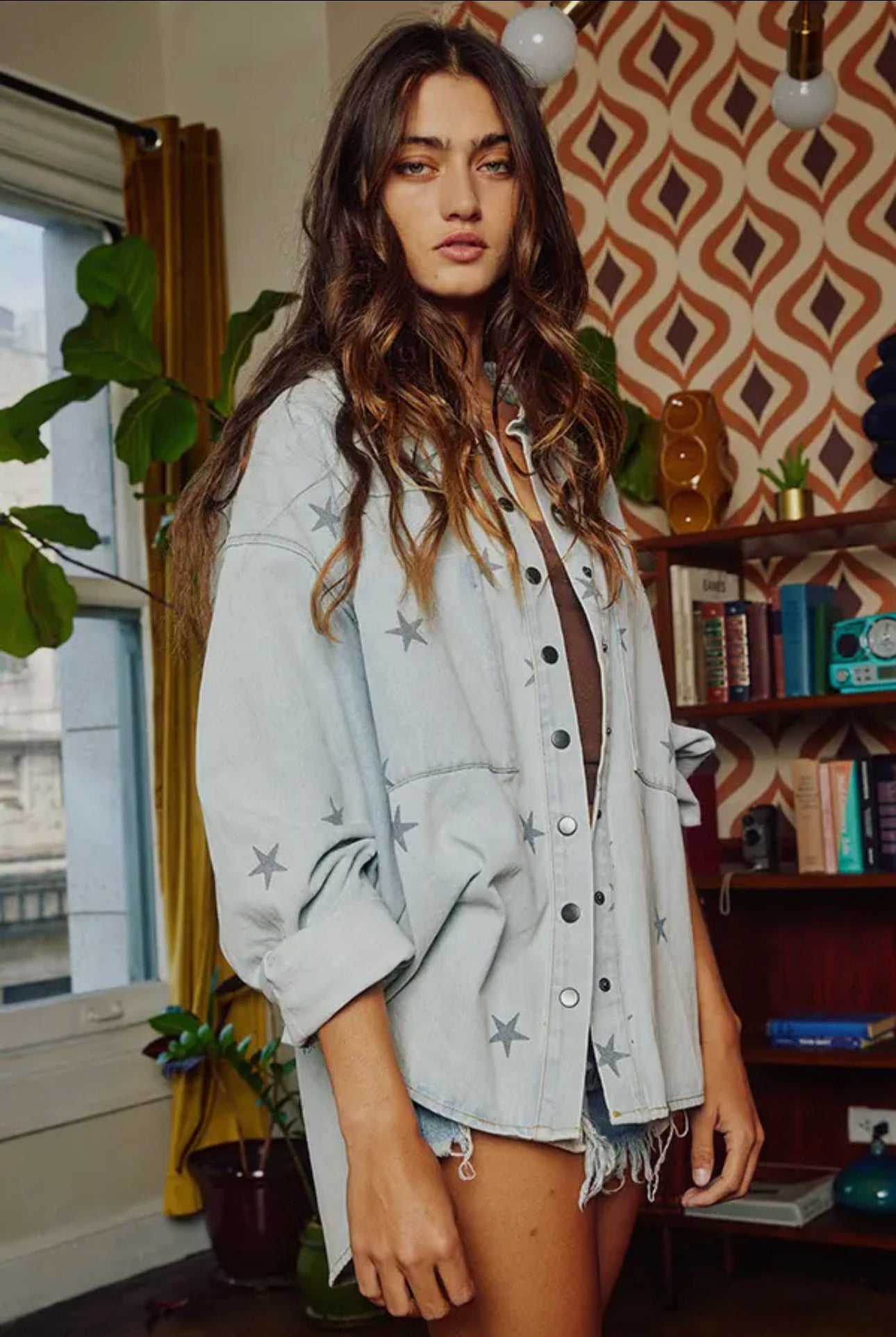 Star Print Washed Denim Shirt Jacket