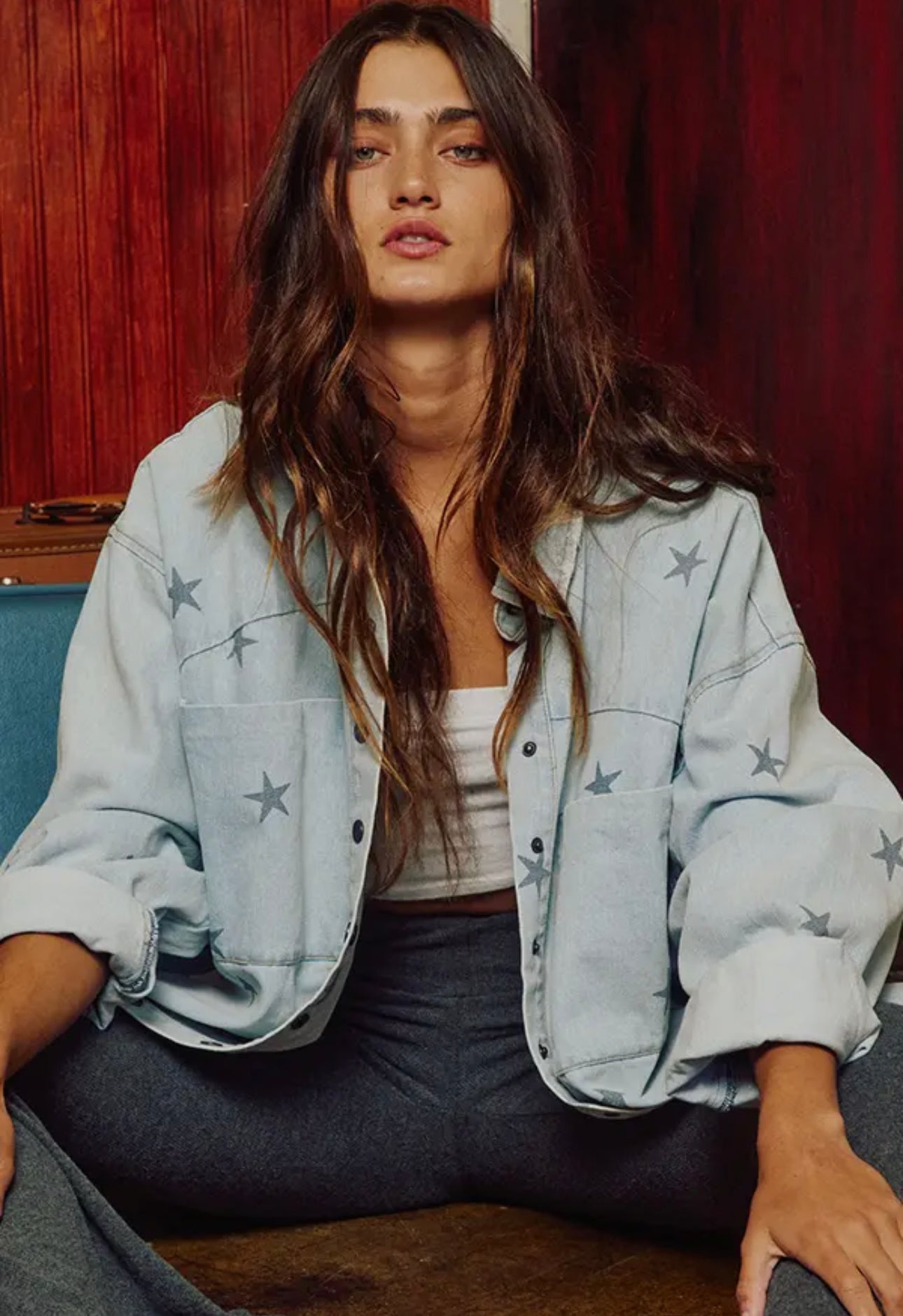 Star Print Washed Denim Shirt Jacket