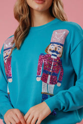 Teal Sequin Nutcracker Embroidered Sweater