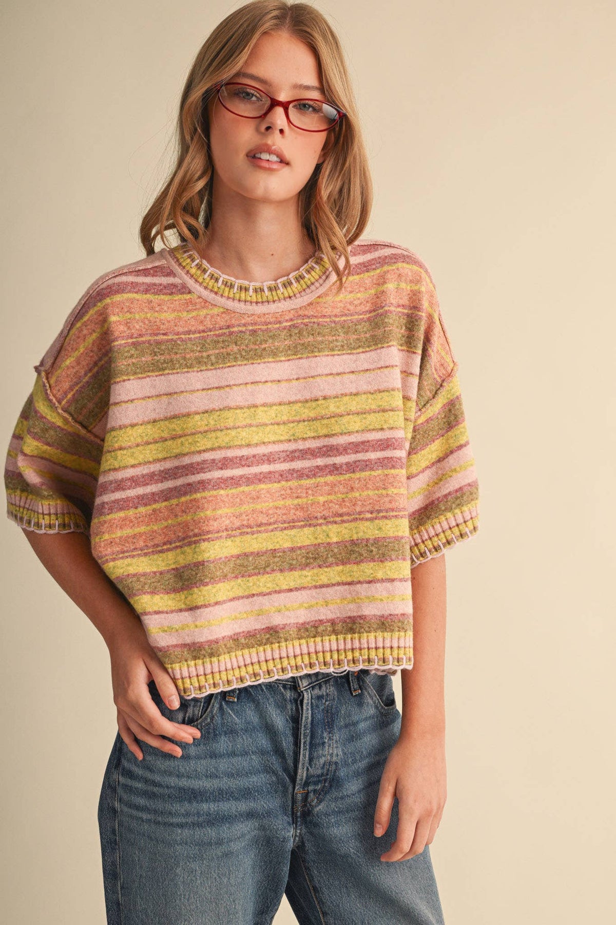 Multi-Color Striped Short Sleeve Sweater