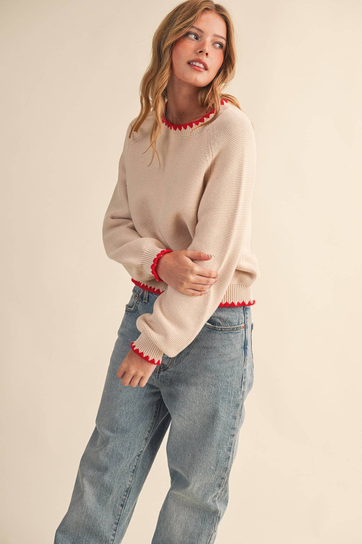 Sweetheart Contrast Stitch Puff Sleeve Almond Sweater