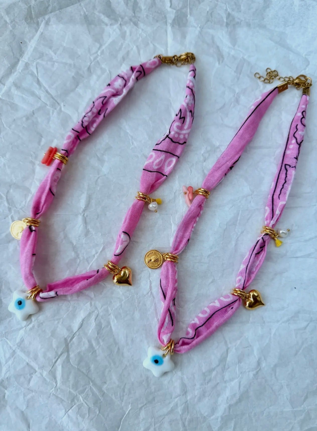 Bohemian Pink Bandana with Star Eye Charm Necklace