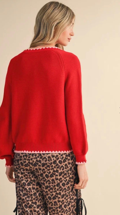 Sweetheart Contrast Stitch Puff Sleeve  Red Sweater
