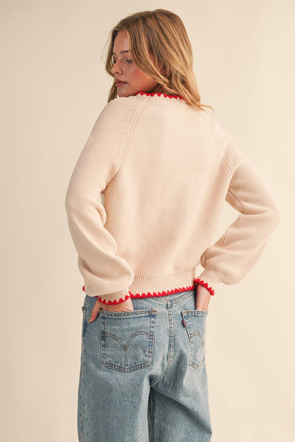 Sweetheart Contrast Stitch Puff Sleeve Almond Sweater