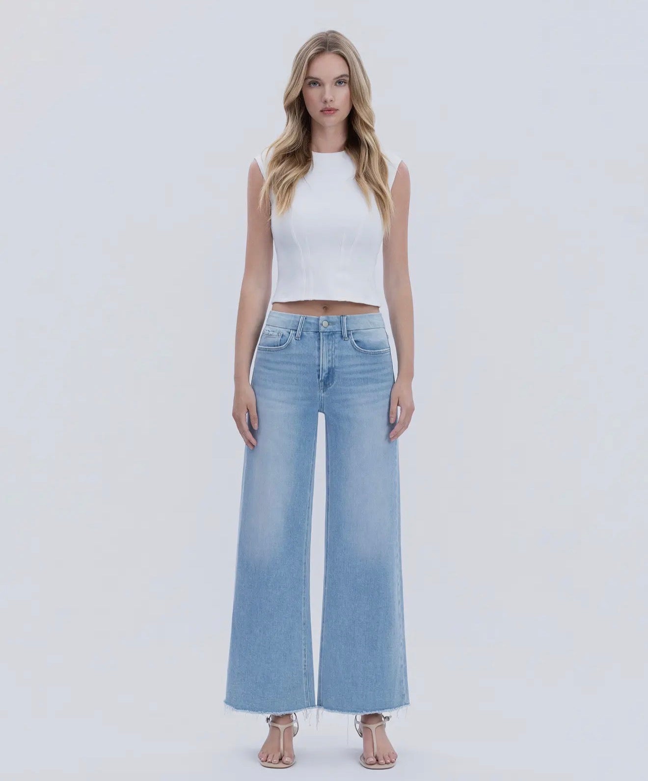 Flying Monkey-LIGHT WASH SEAMLESS WAISTBAND RAW HEM WIDE LEG JEANS
