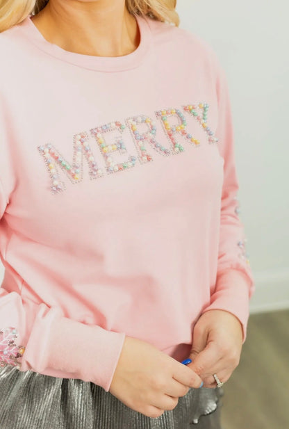 Pearl &quot;Merry&quot; on Pink Sweatshirt Top