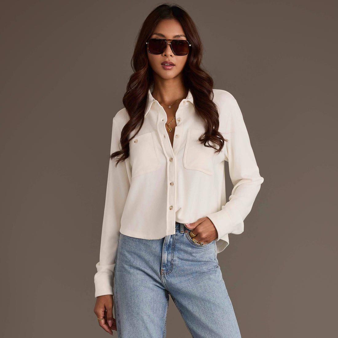 Ivory Cropped Soft Button Up Top