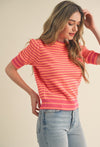 STRIPED POINTELLE PUFF SLEEVE SWEATER - Pink Orange