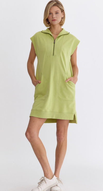 Half Zip Sweatshirt Dress - Lime