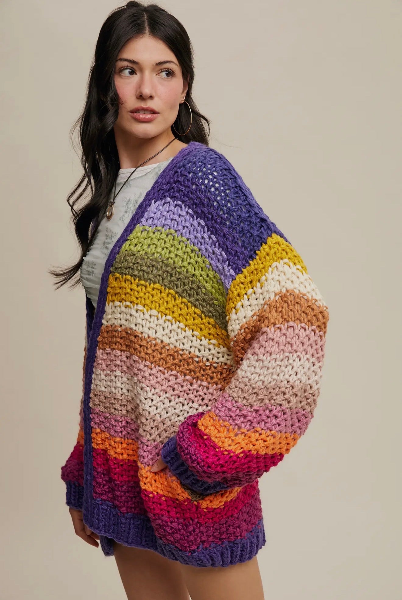 Rainbow Hand Crochet Open Cardigan