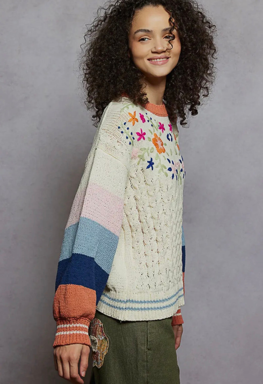 Color Block Pattern Floral Embroidered Sweater Top