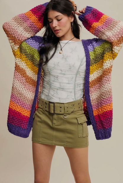 Rainbow Hand Crochet Open Cardigan