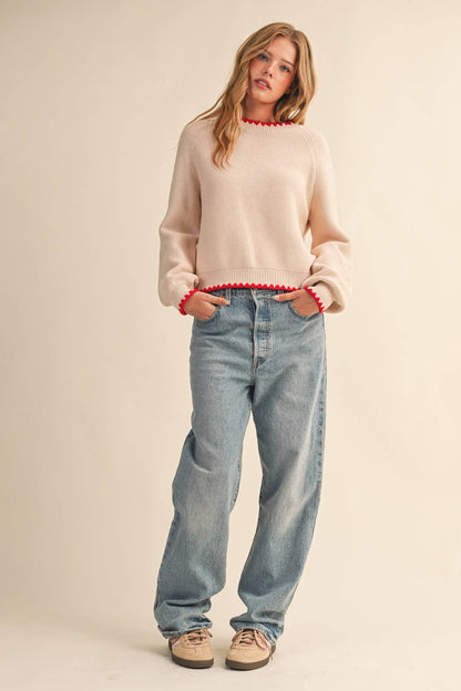 Sweetheart Contrast Stitch Puff Sleeve Almond Sweater