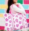 PINK FLOWERS CHECKERED PATTERN TOTE BAG