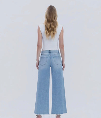 Flying Monkey-LIGHT WASH SEAMLESS WAISTBAND RAW HEM WIDE LEG JEANS