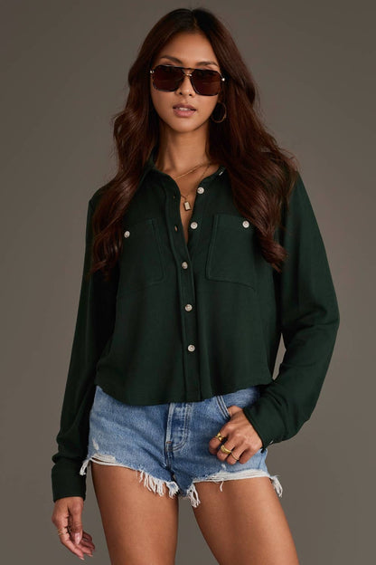 Green Cropped Soft Button Up Top