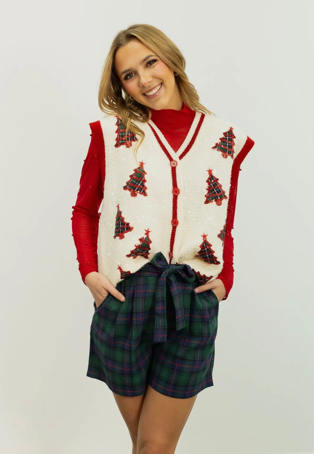 Sequin Ivory Sweater Vest with Plaid Tree Patches Top