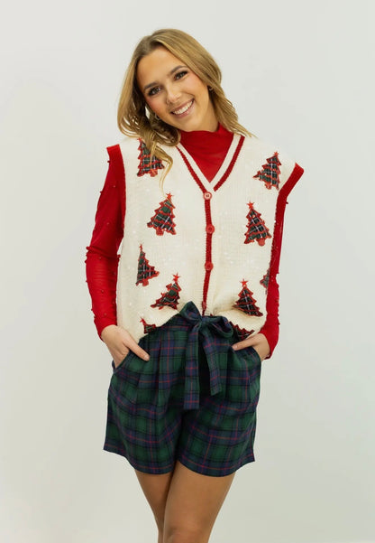Sequin Ivory Sweater Vest with Plaid Tree Patches Top