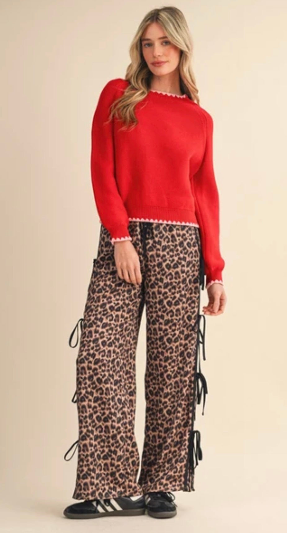 Sweetheart Contrast Stitch Puff Sleeve  Red Sweater
