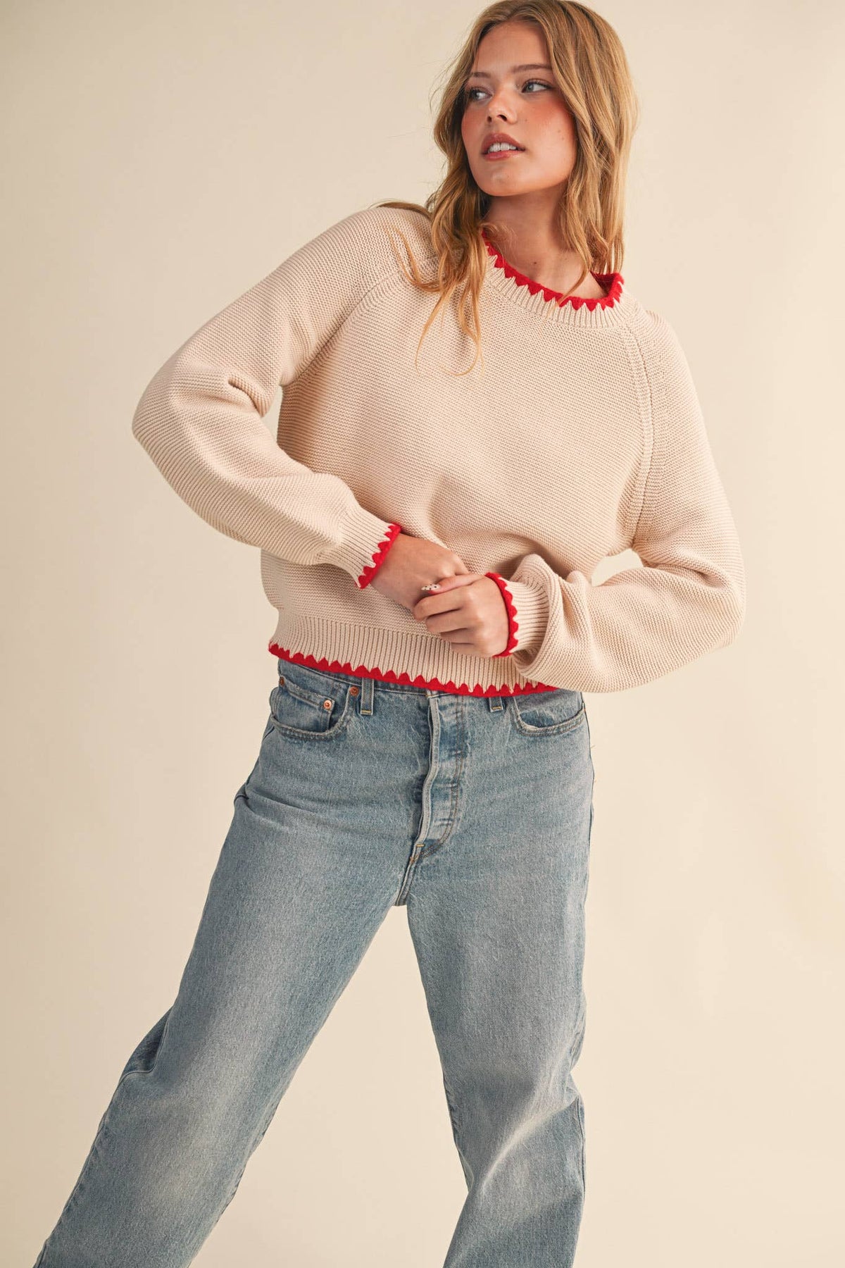 Sweetheart Contrast Stitch Puff Sleeve Almond Sweater