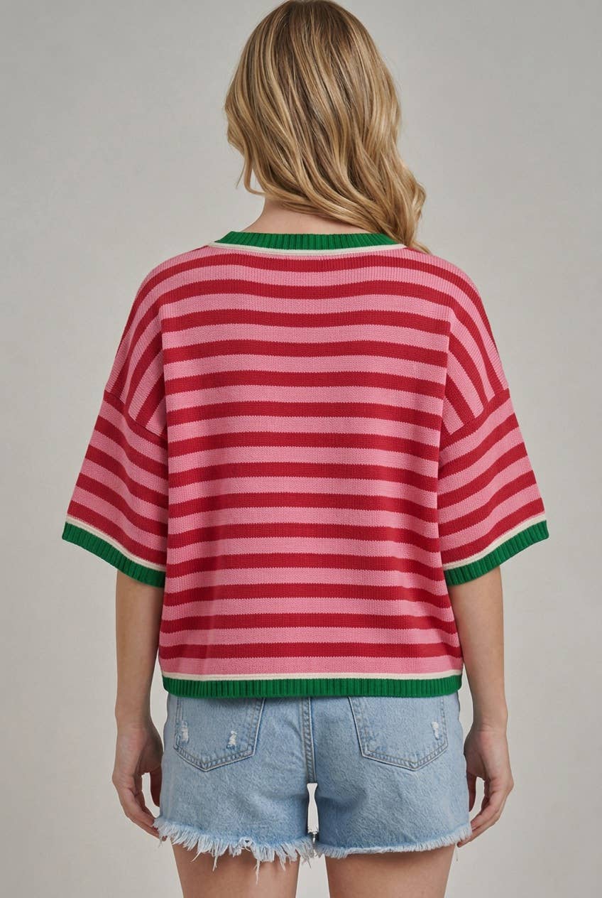 CHRISTMAS MERRY SHERPA LETTERING STRIPE RED/PINK TOP