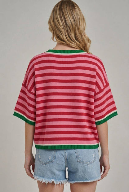 CHRISTMAS MERRY SHERPA LETTERING STRIPE RED/PINK TOP
