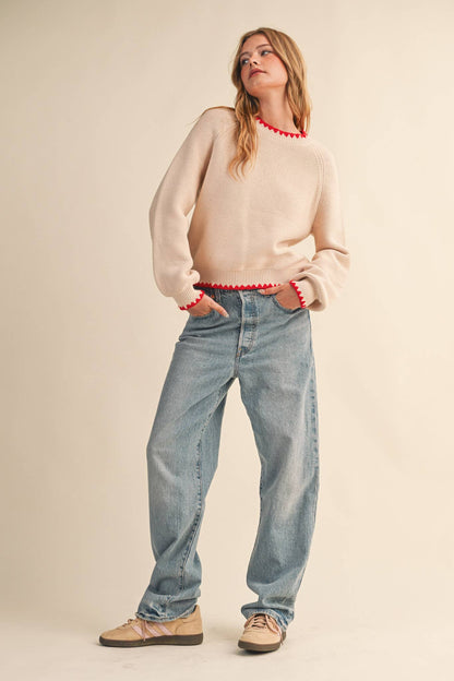Sweetheart Contrast Stitch Puff Sleeve Almond Sweater