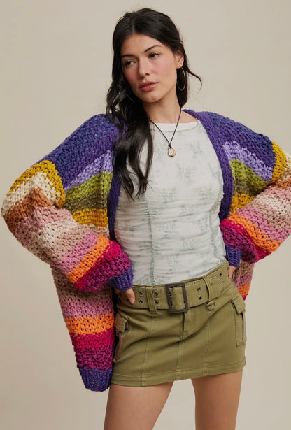 Rainbow Hand Crochet Open Cardigan
