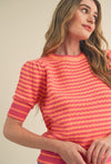 STRIPED POINTELLE PUFF SLEEVE SWEATER - Pink Orange