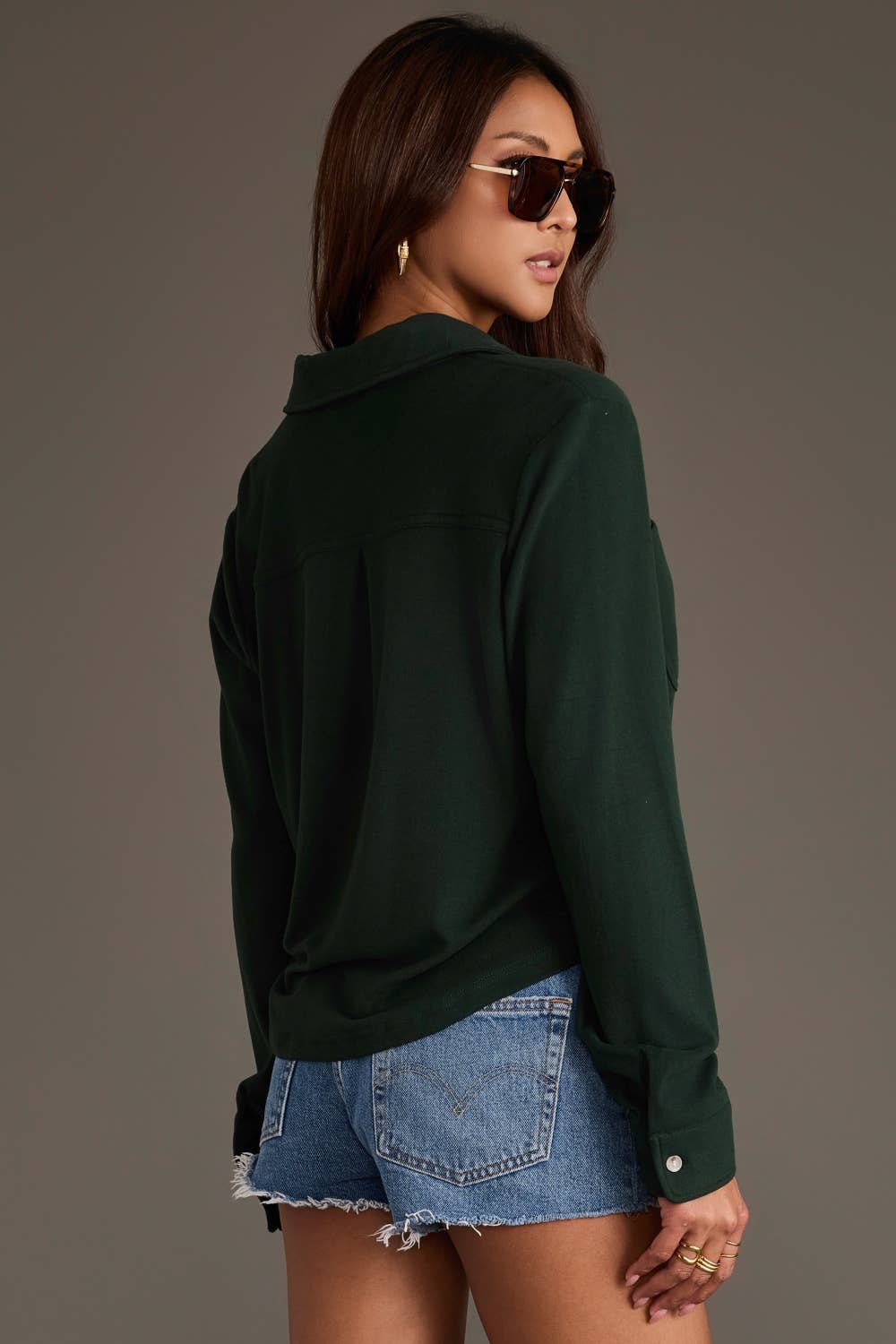 Green Cropped Soft Button Up Top