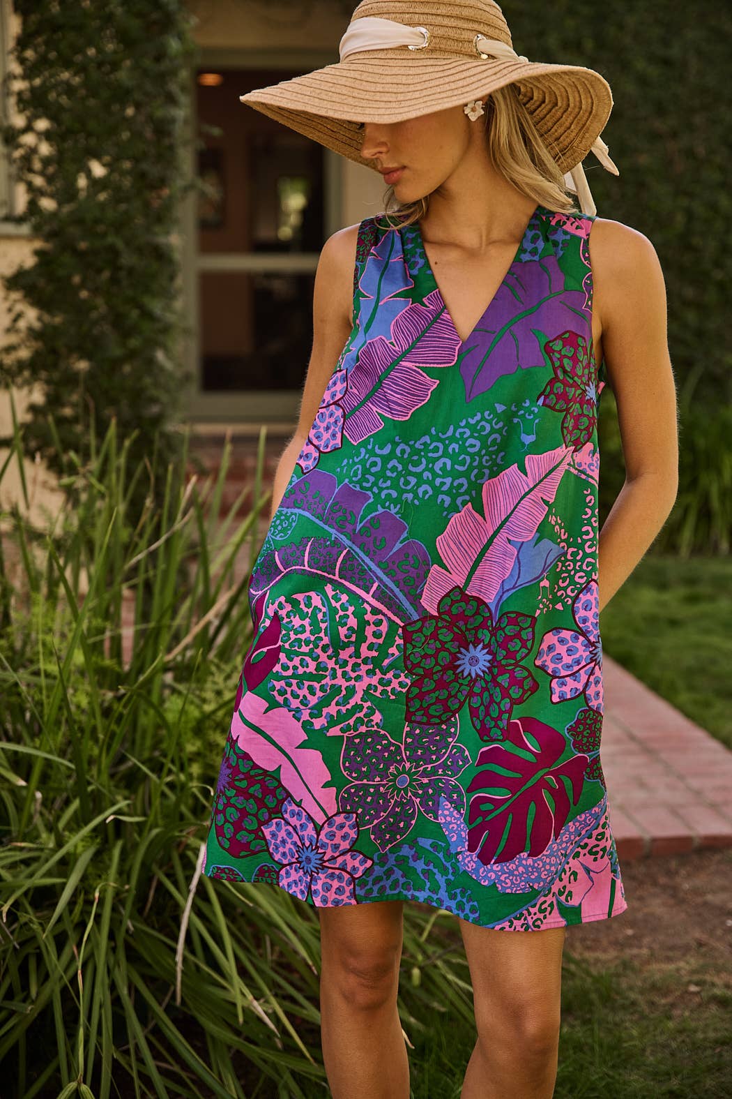 Berry Shift Tropical Mini Dress