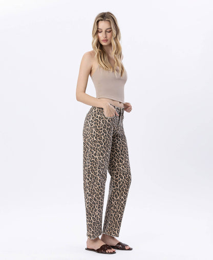HIGH RISE LEOPARD PRINT BARREL JEAN