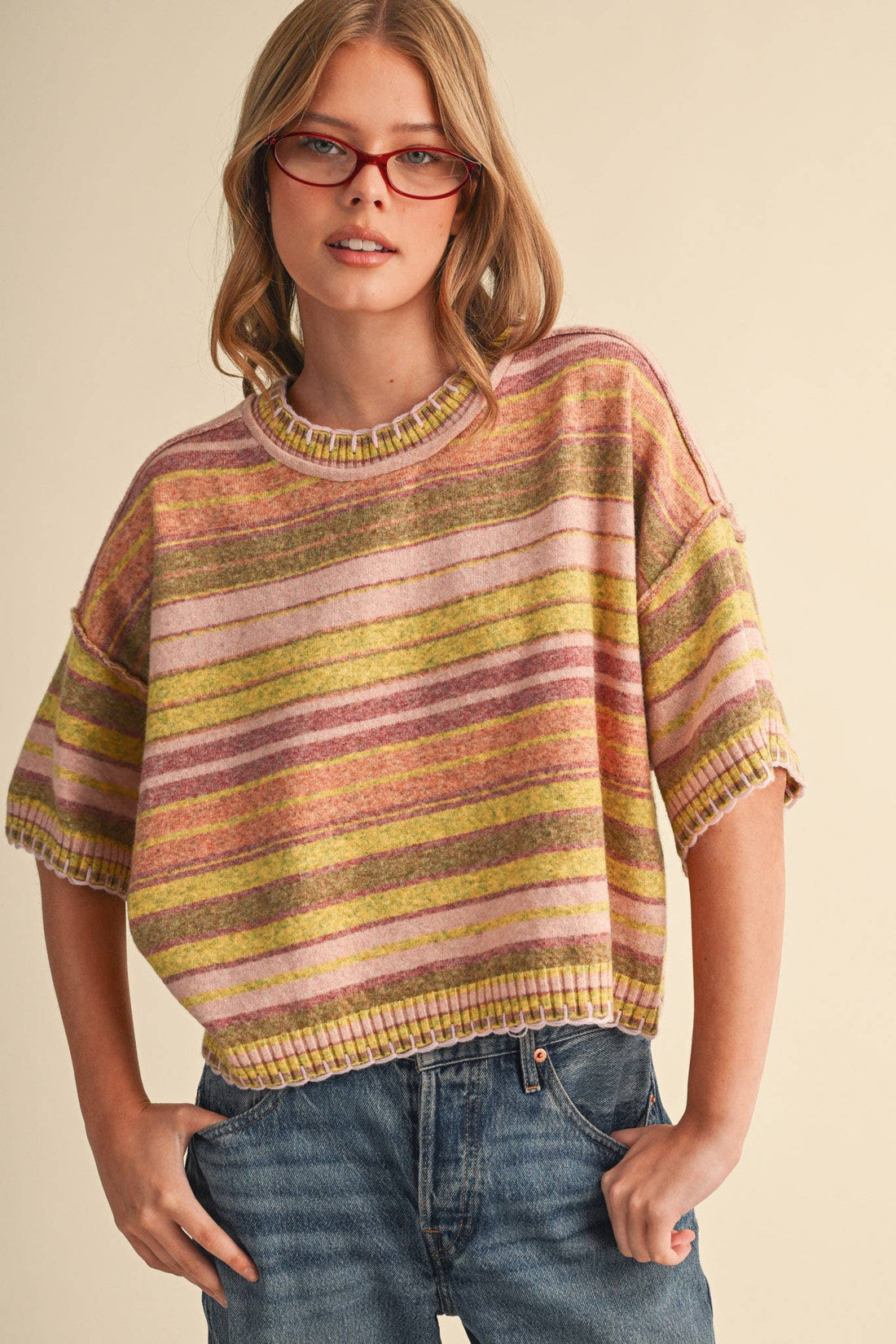 Multi-Color Striped Short Sleeve Sweater