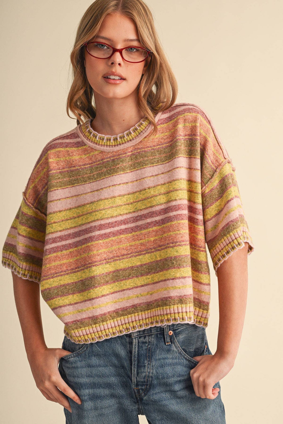 Multi-Color Striped Short Sleeve Sweater